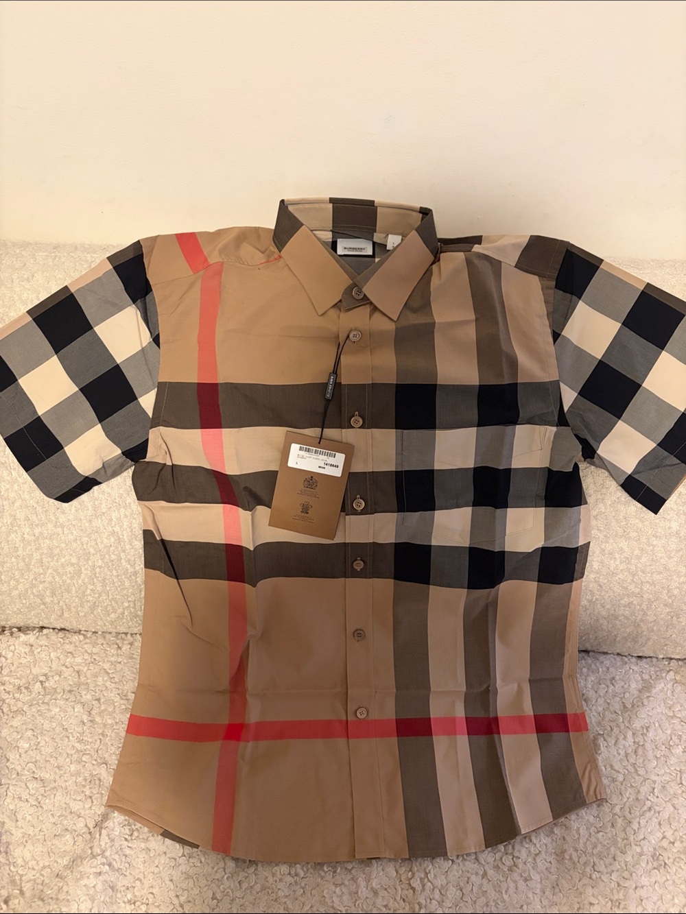 Burberry Beige, Black & Red Short-Sleeve Check Button-Down Shirt